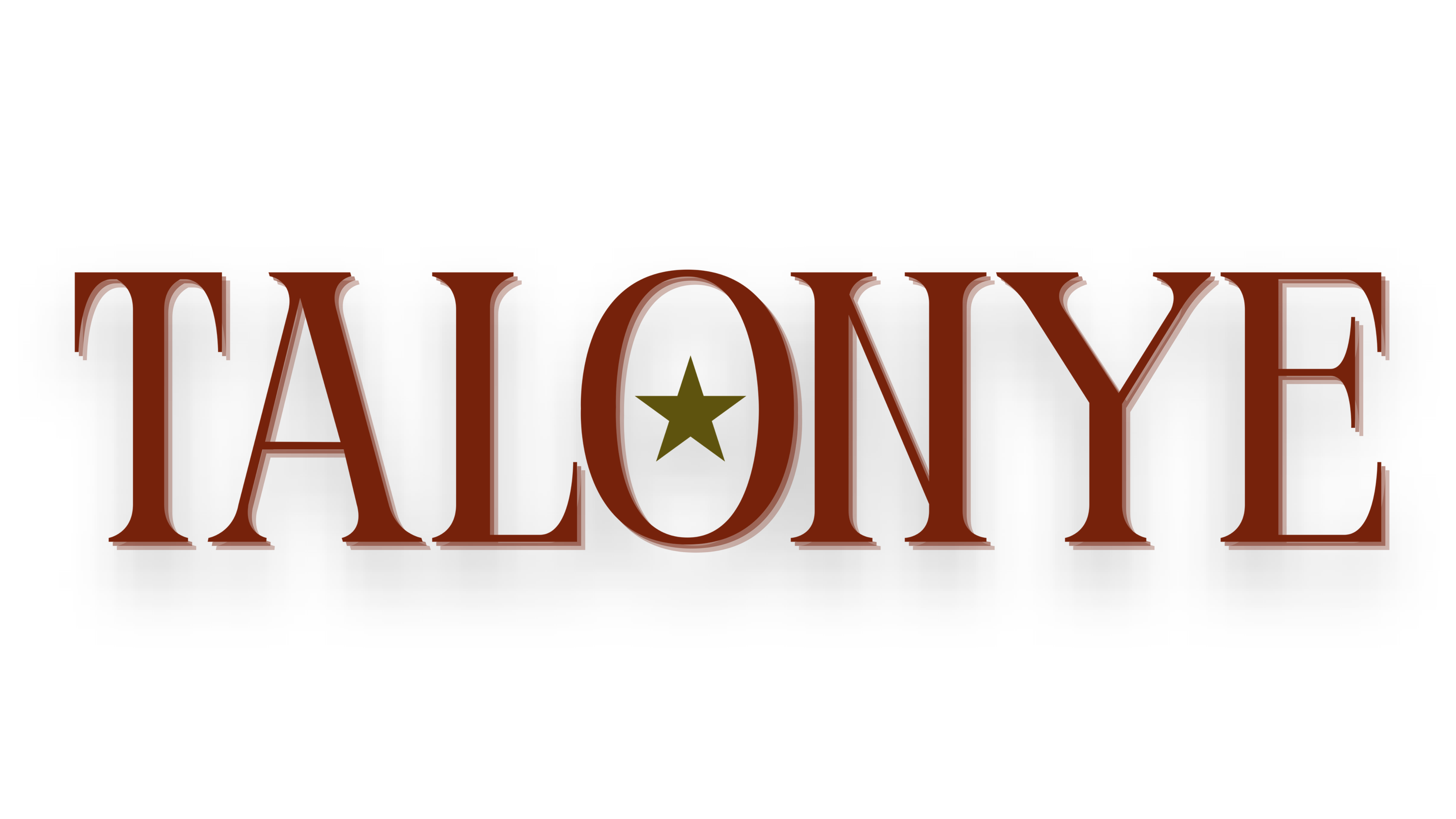 The word 'TALONYE' appears in large serif letters with a reddish-brown fill and a small olive-green star inside the letter O, centered on a light gray background.